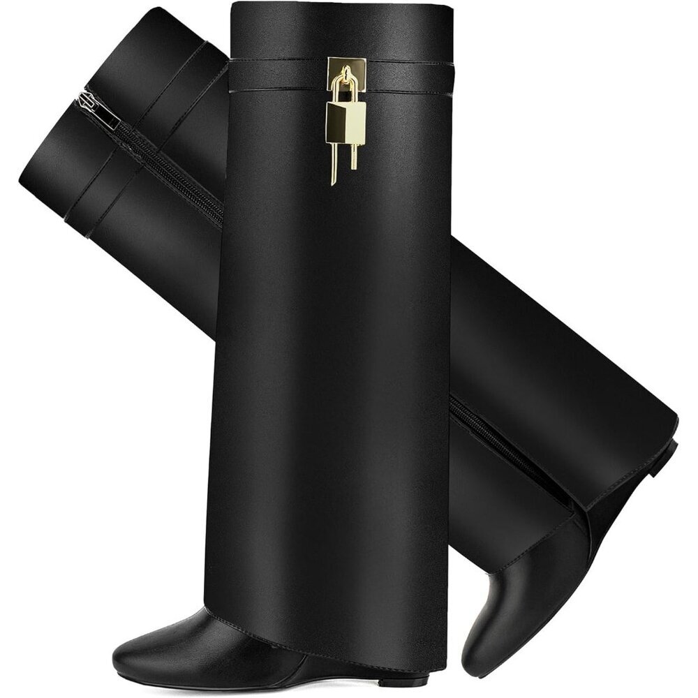Women's Black Suede Pointy Fold Over Wedge Knee Side Zipper Padlock Boot Heel